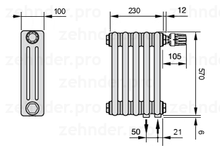 Схема (чертеж) Радиатор Zehnder Charleston 3057/5 №V002 Technoline TL